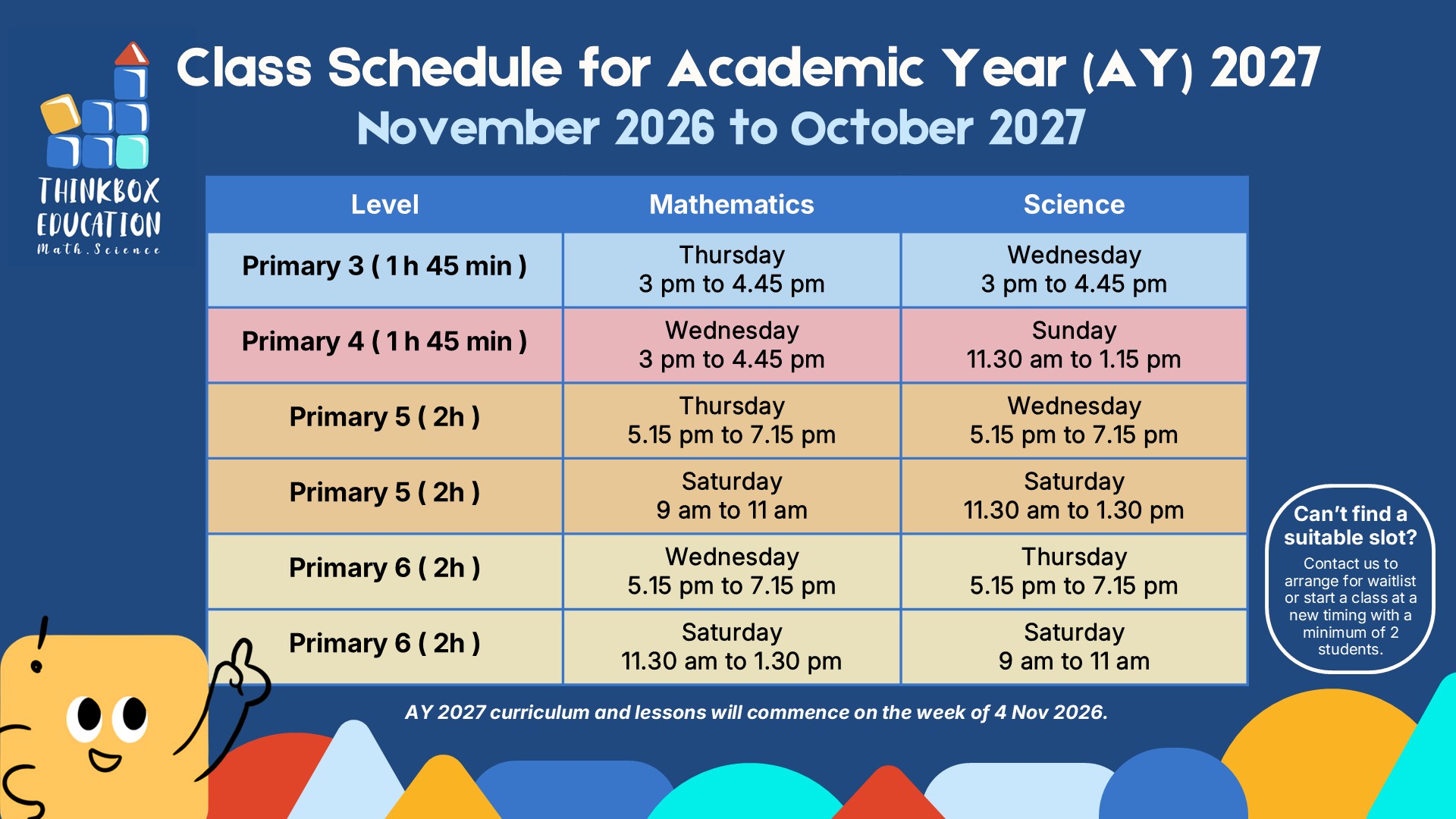 ThinkBox Education Schedule AY2027